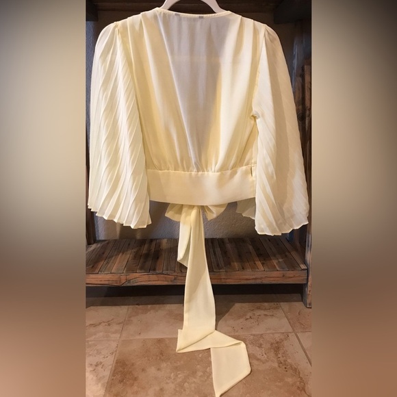 Accordion Bell Sleeve Deep V Multi Bow Tie Crop Warp Chiffon Blouse (S) - Picture 3 of 10